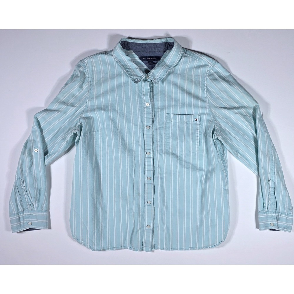 Tommy Hilfiger Womens XXL Blue White Striped Roll Tab Long Sleeve Button Down
